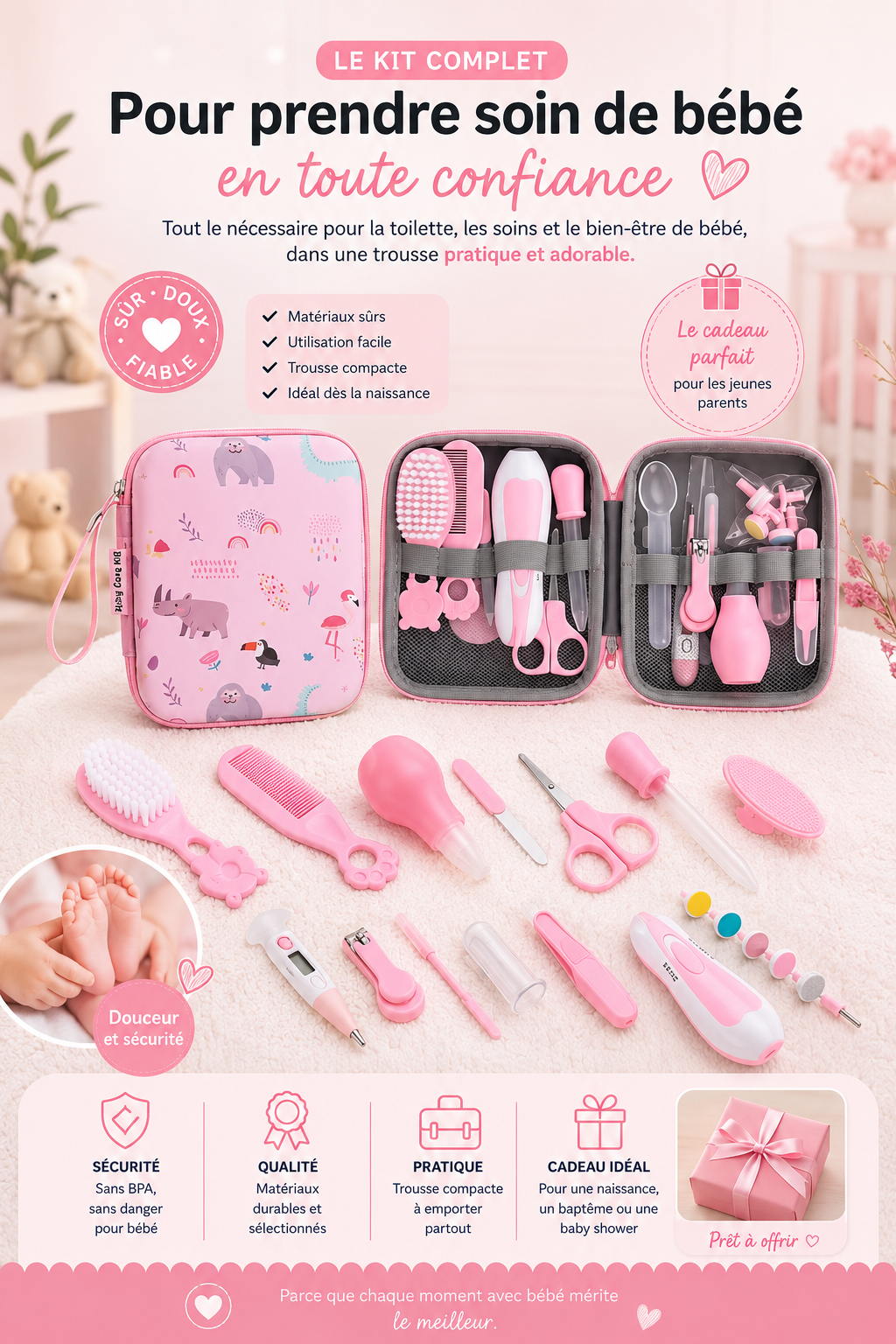 Kit de soins bébé nouveau-né avec coupe-ongles, nettoyeur de nez et accessoires de toilette Béalia