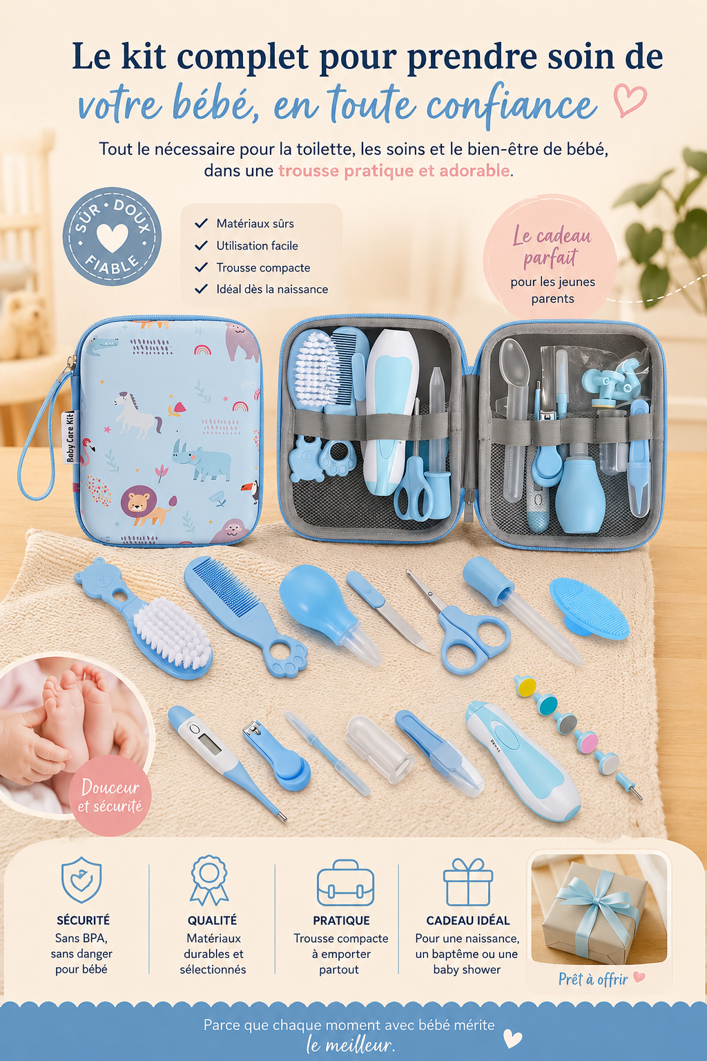 Trousse de toilette bébé complète Béalia pour les soins quotidiens du nouveau-né