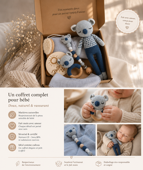 Coffret de naissance bébé 7 pièces Béalia avec peluche koala, couverture et accessoires